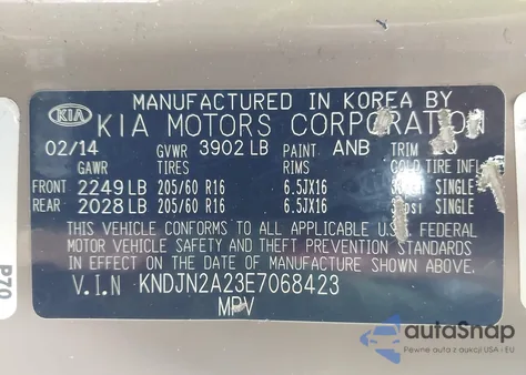 2014 Kia Soul z USA, uszkodzony, nr VIN KNDJN2A23E7068423